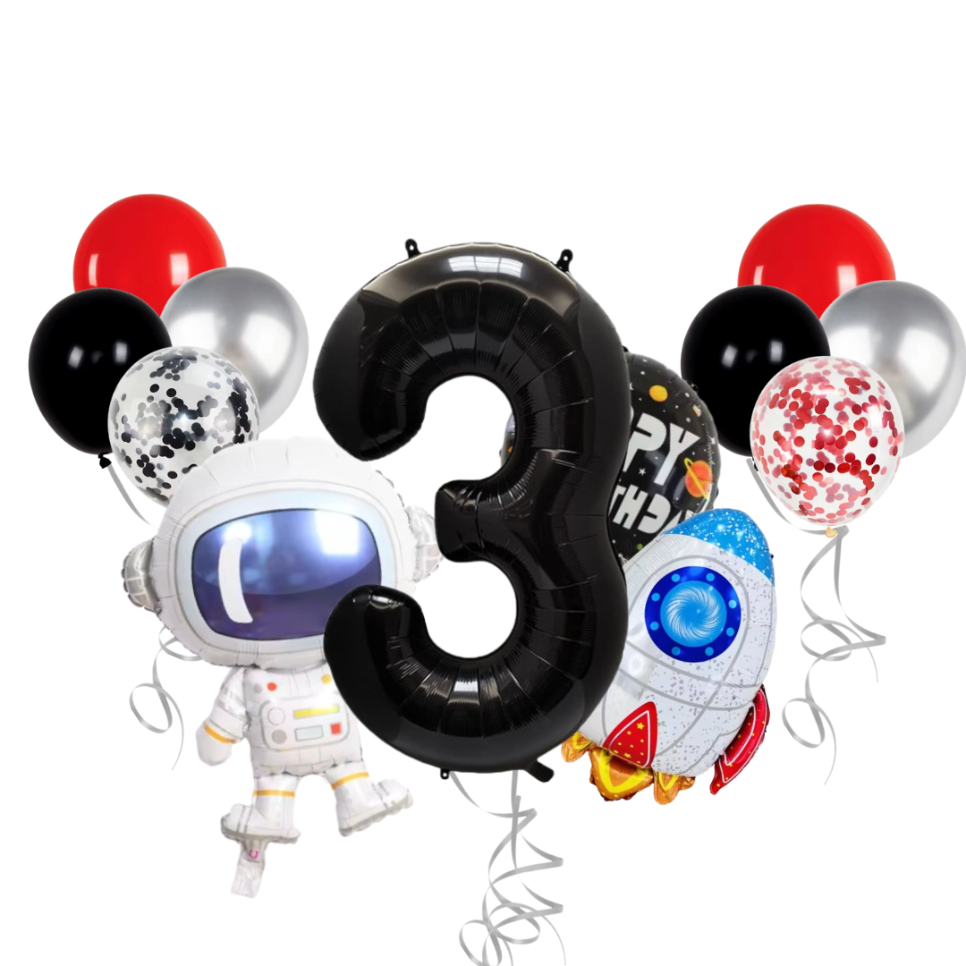 13-Pc Party Balloon Set - 40" Foil Number, Spaceship, Astronaut & Latex Confetti