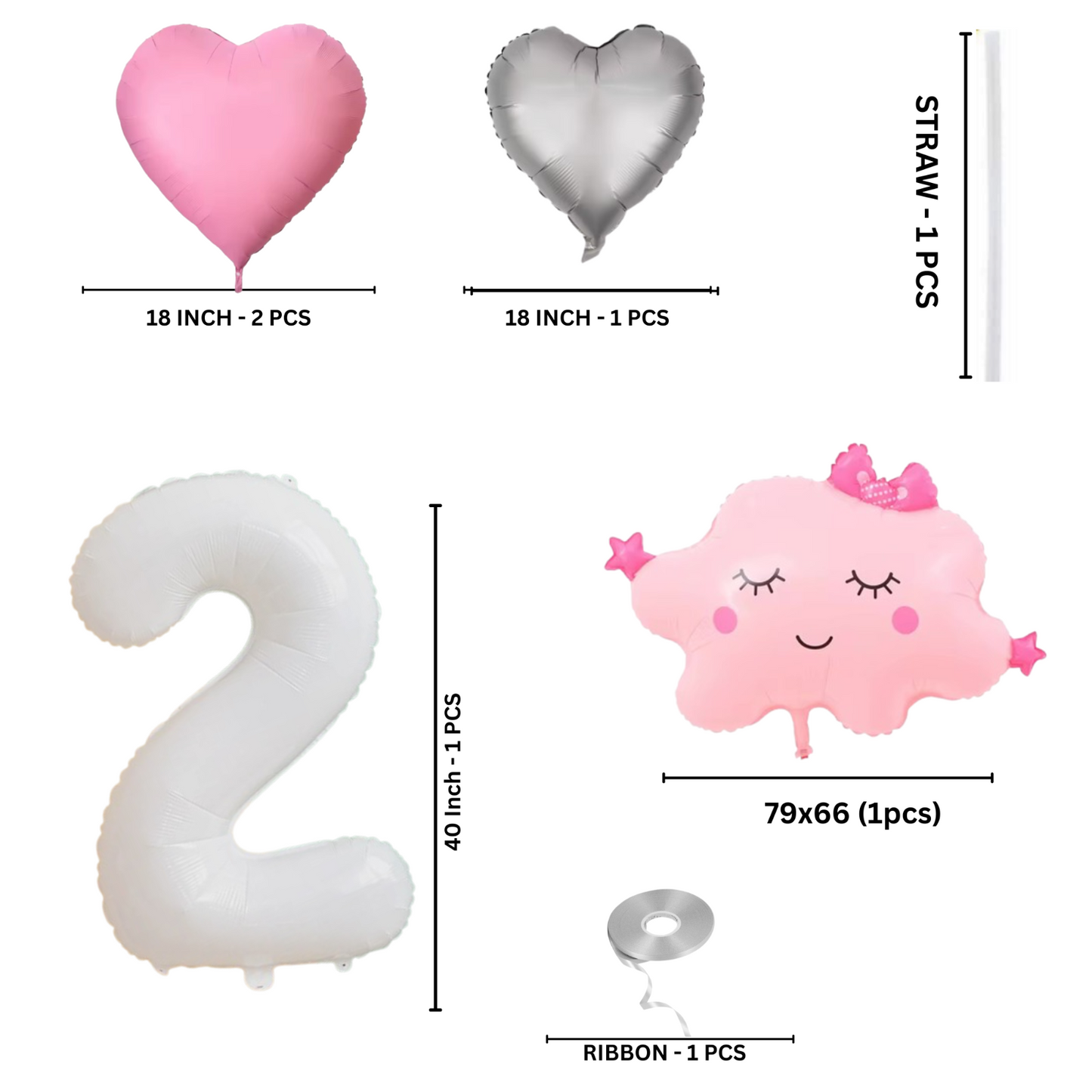 2nd Birthday Girl Decorations Pink Number Balloon Cloud Hearts Party Set