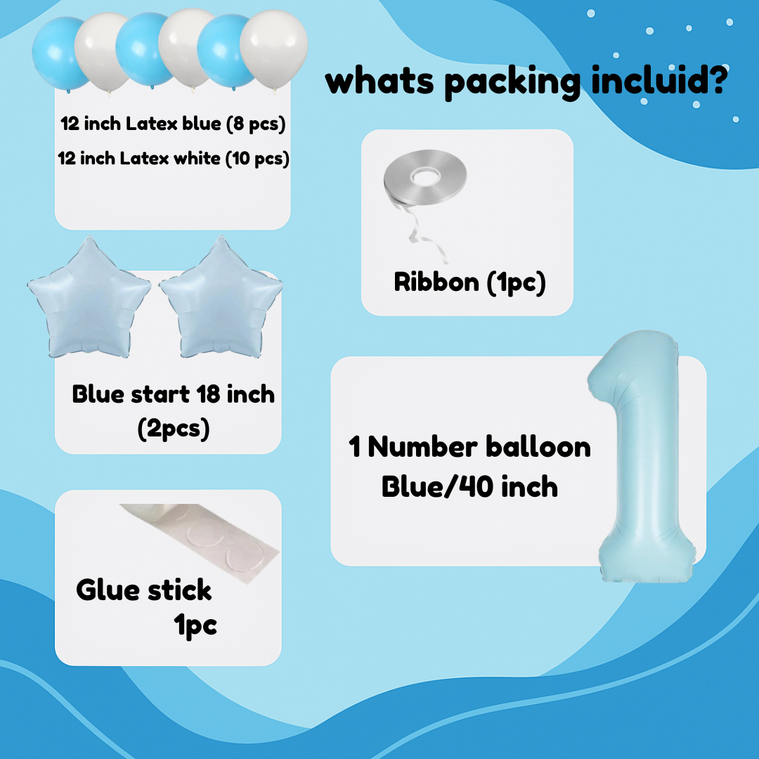 1st Birthday Balloons Boy Blue Number 1 Foil Star Latex Decorations Party