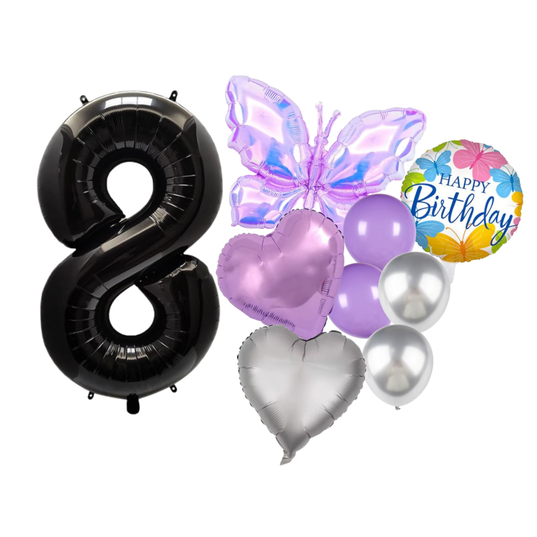 1-9 Girl Birthday Balloon Set Butterfly Heart Purple Silver Foil Balloons Party