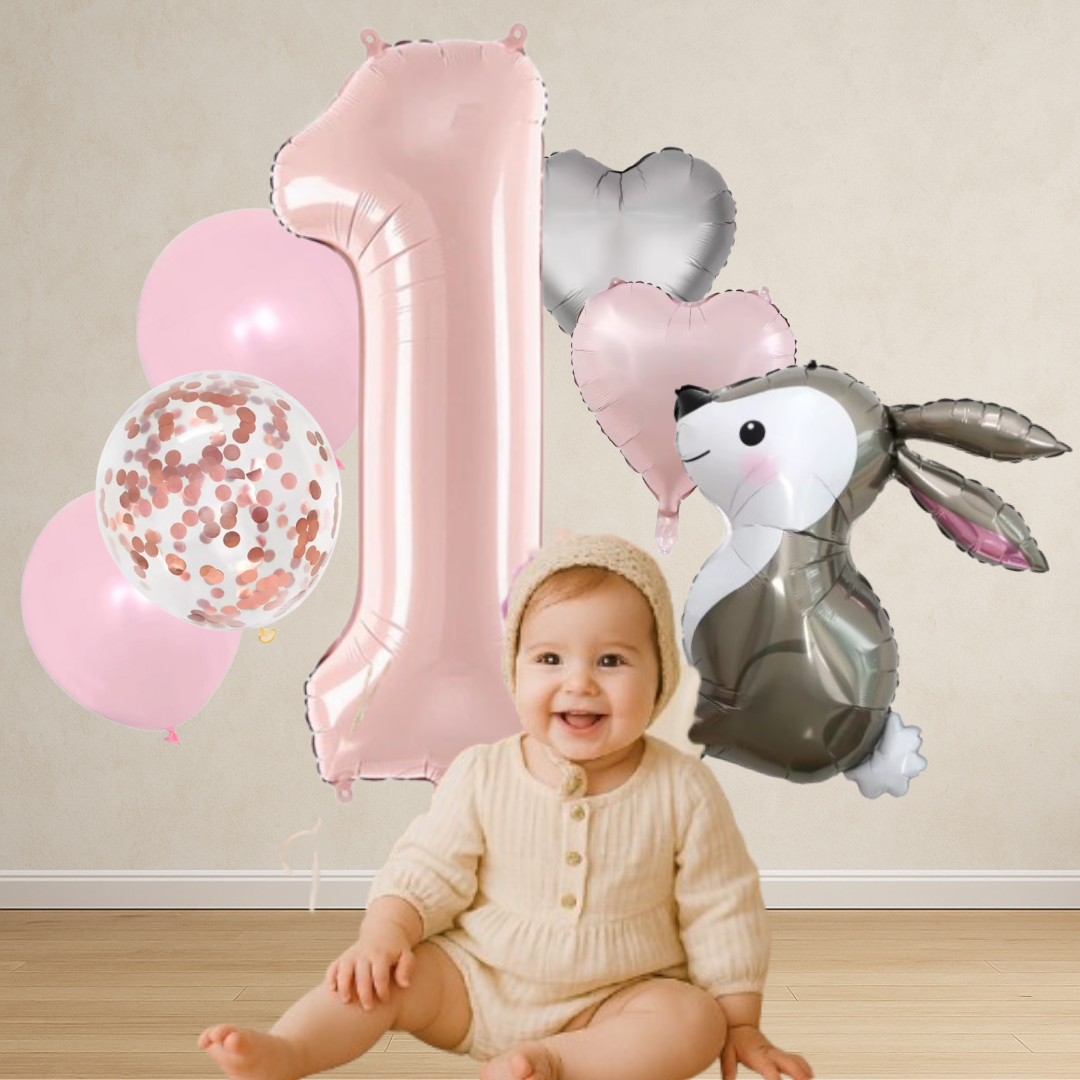 40'' Pink Number Balloons 1-12 Bunny Birthday Set /  Baby Girl Foil Balloon Kit