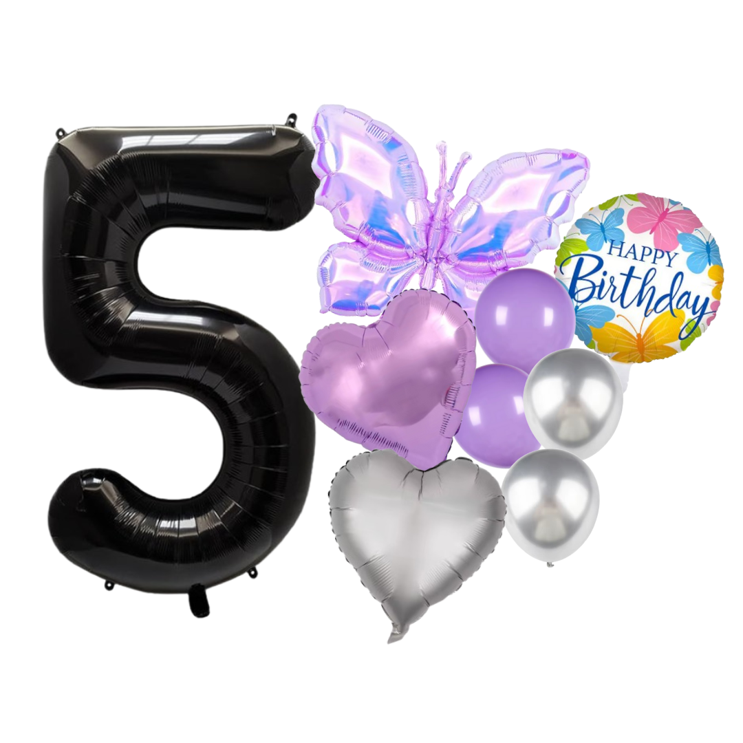 1-9 Girl Birthday Balloon Set Butterfly Heart Purple Silver Foil Balloons Party