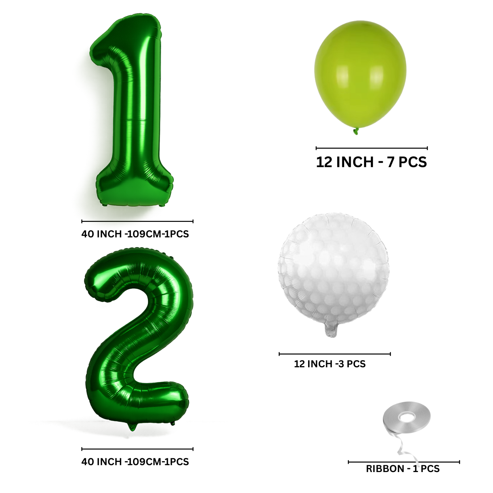 12th Golf Birthday Balloons Decoration Set | silver Foil Numbers + Golf Balloons