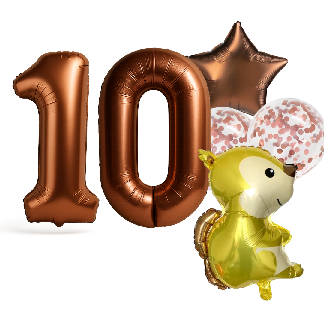 1st Birthday Balloon Set β Squirrel Foil, Confetti, Star & Bronze Number