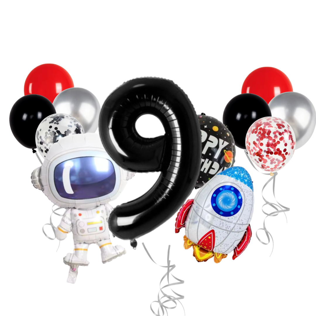 13-Pc Party Balloon Set - 40" Foil Number, Spaceship, Astronaut & Latex Confetti