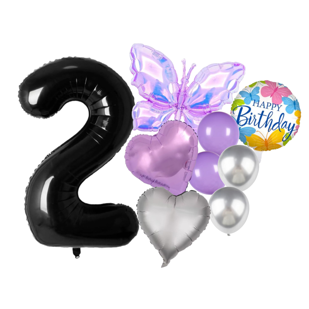 1-9 Girl Birthday Balloon Set Butterfly Heart Purple Silver Foil Balloons Party