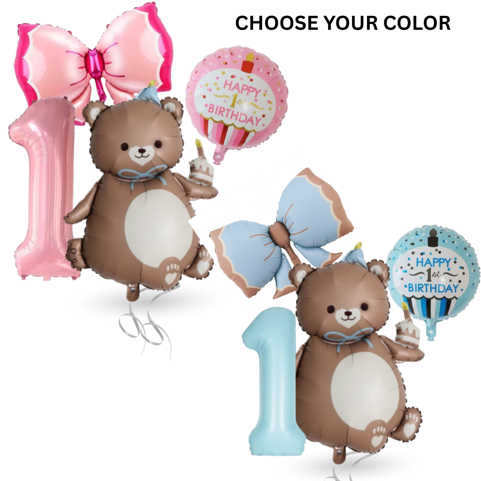1st Birthday Balloon Bear & Star Baby Boy Blue Girl Pink Deco Party Number 1
