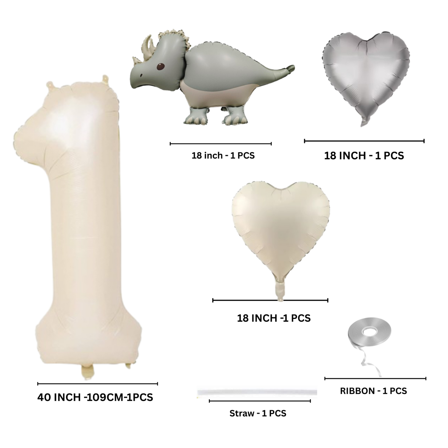 1-9 Birthday Dinosaur Balloon Set – Beige Numbers + Heart & Dino Foil Balloons