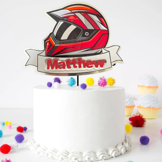 Motocross Helmet Cake Topper Personalised with Name – Red Motorbike Birthday Par