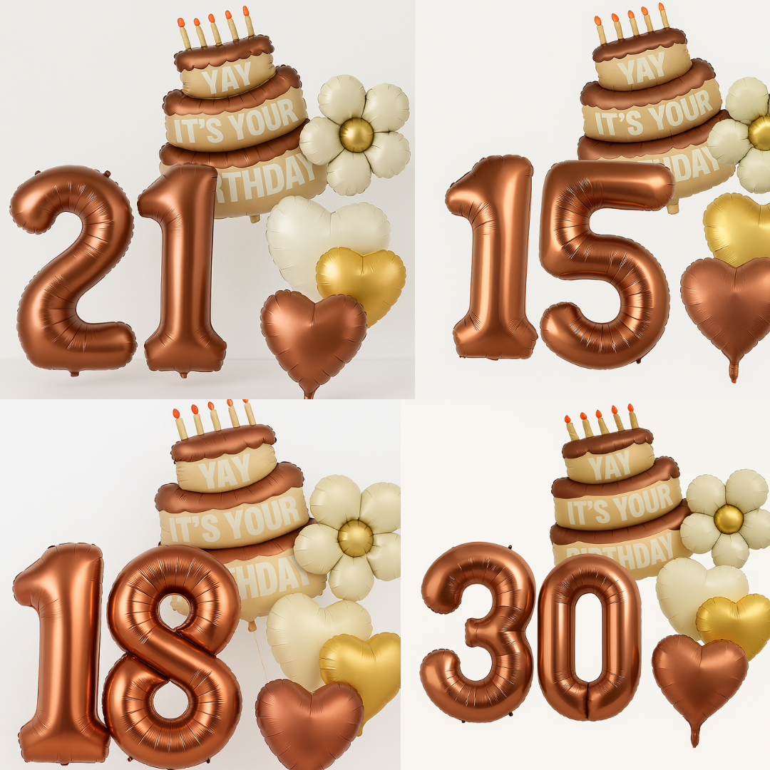 40'' Matte Brown Balloons Set  Numbers 18 21 15 30 / Cake Hearts Flower Shapes