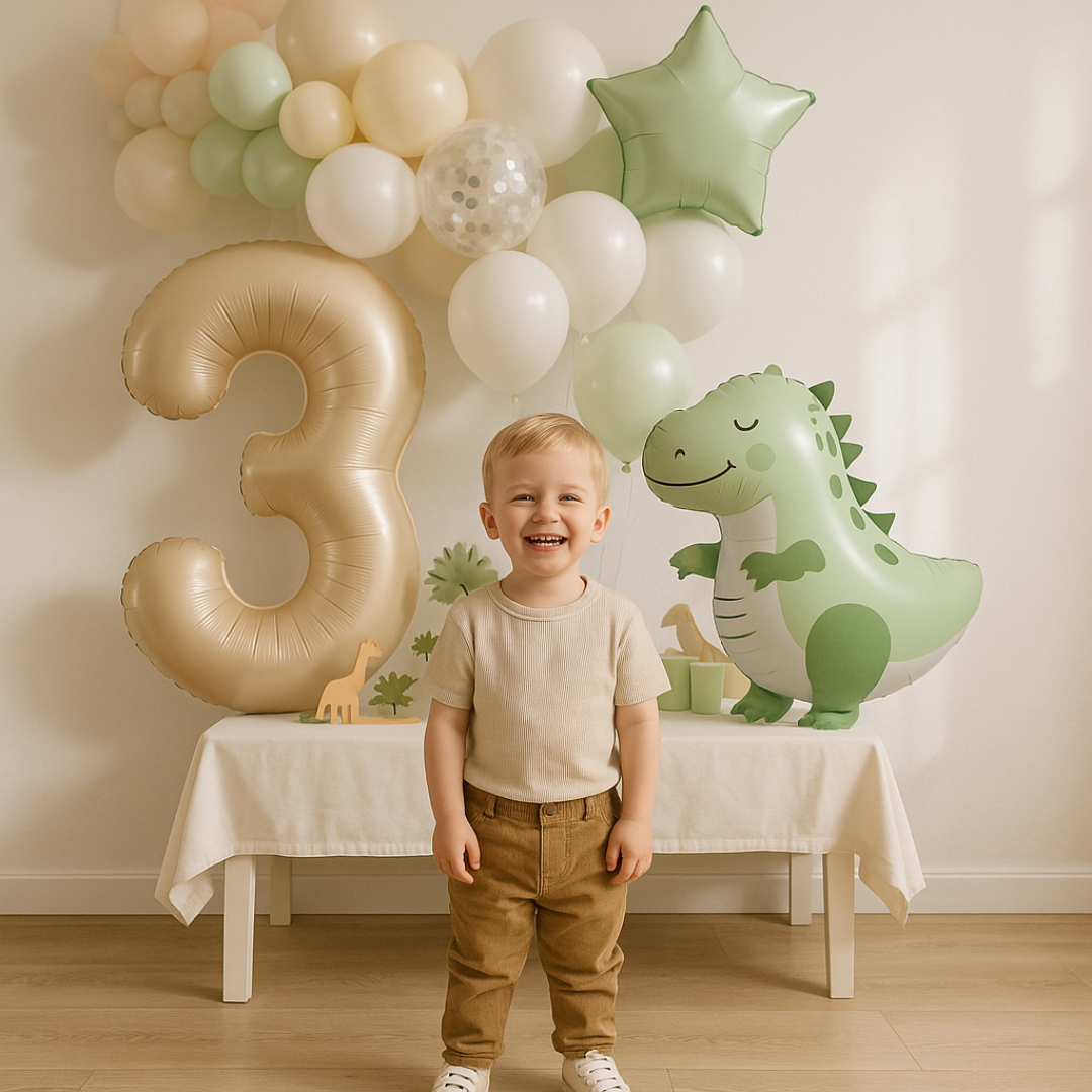 Dinosaur Birthday Balloons Set  40" Beige Number + Green Dinosaur Foil + Pastel