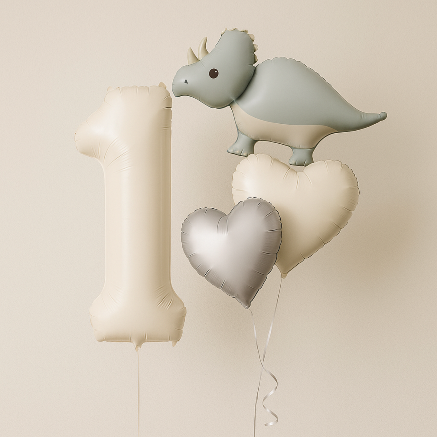 1-9 Birthday Dinosaur Balloon Set – Beige Numbers + Heart & Dino Foil Balloons
