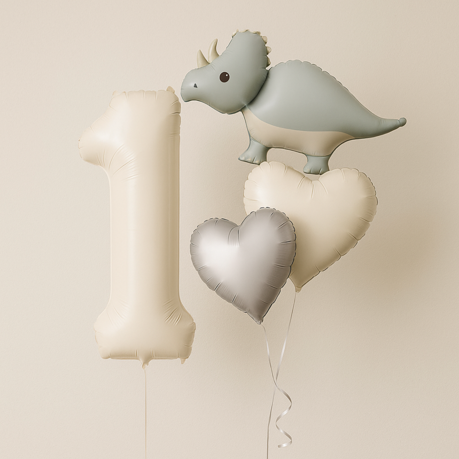1-9 Birthday Dinosaur Balloon Set – Beige Numbers + Heart & Dino Foil Balloons