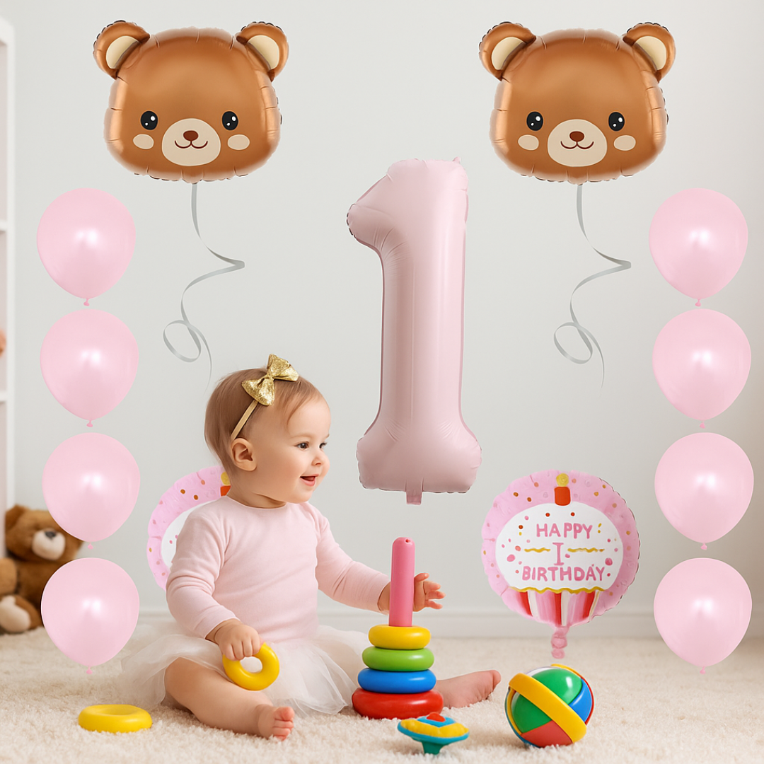 1st Birthday Balloons Decoration Set for Baby Girl Foil & Latex Party Decor Kit