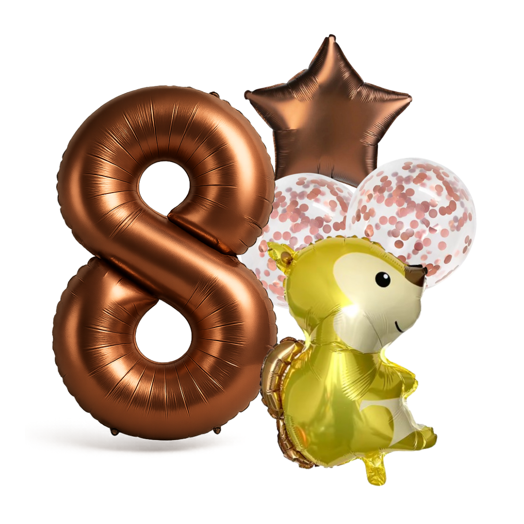 1st Birthday Balloon Set β Squirrel Foil, Confetti, Star & Bronze Number
