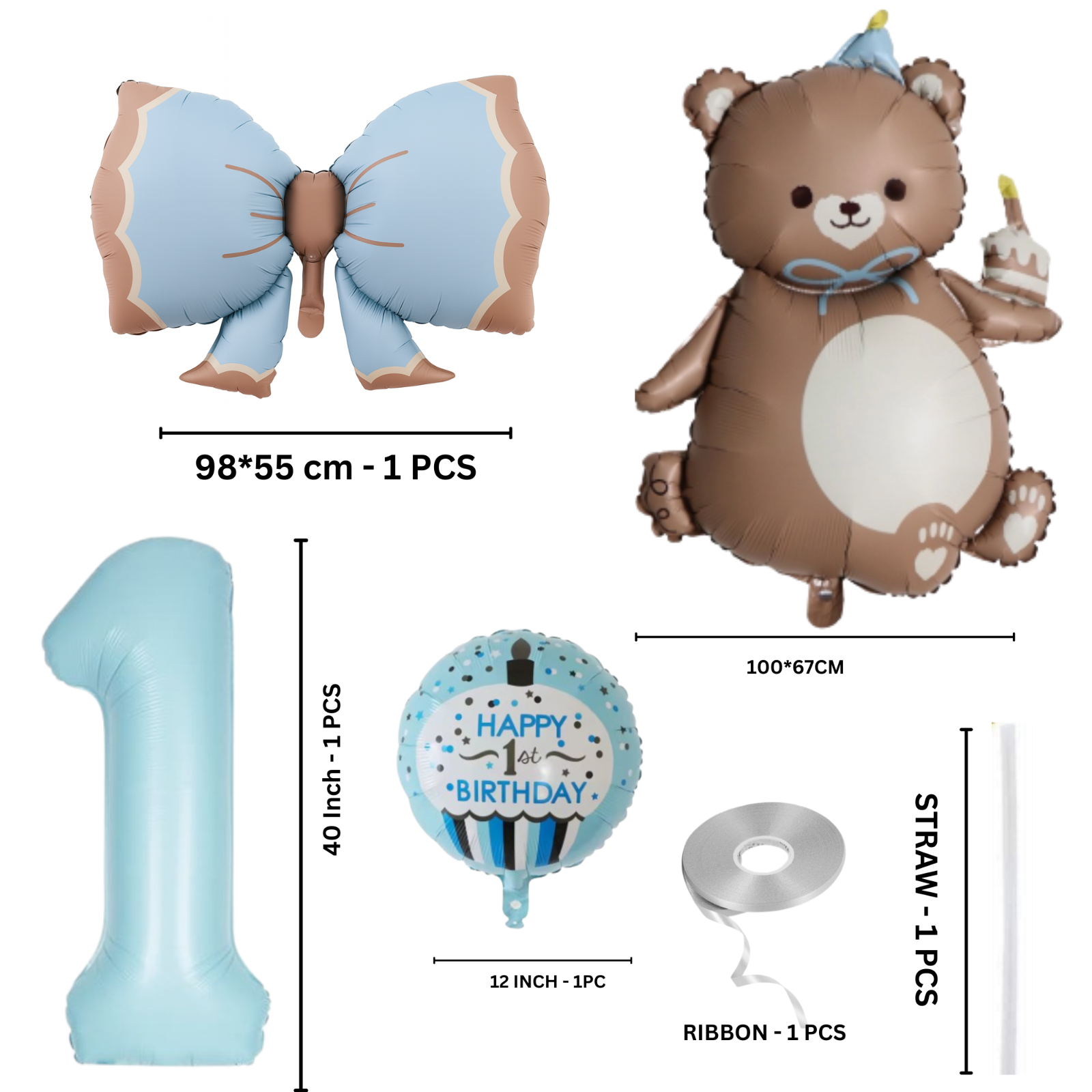 1st Birthday Balloon beige teddy Bear & Star Foil Baby Boy blue Party Decoration