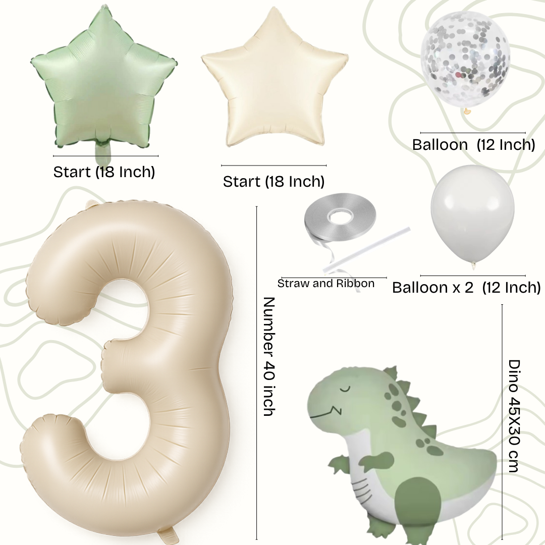 Dinosaur Birthday Balloons Set  40" Beige Number + Green Dinosaur Foil + Pastel