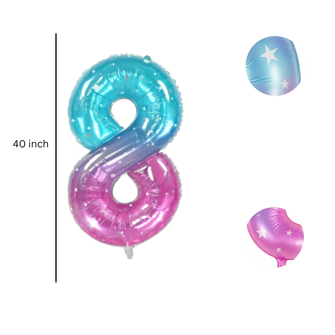 40" Number 8 Foil Balloon – Blue Pink Ombre with Stars – Giant Birthday Decoration