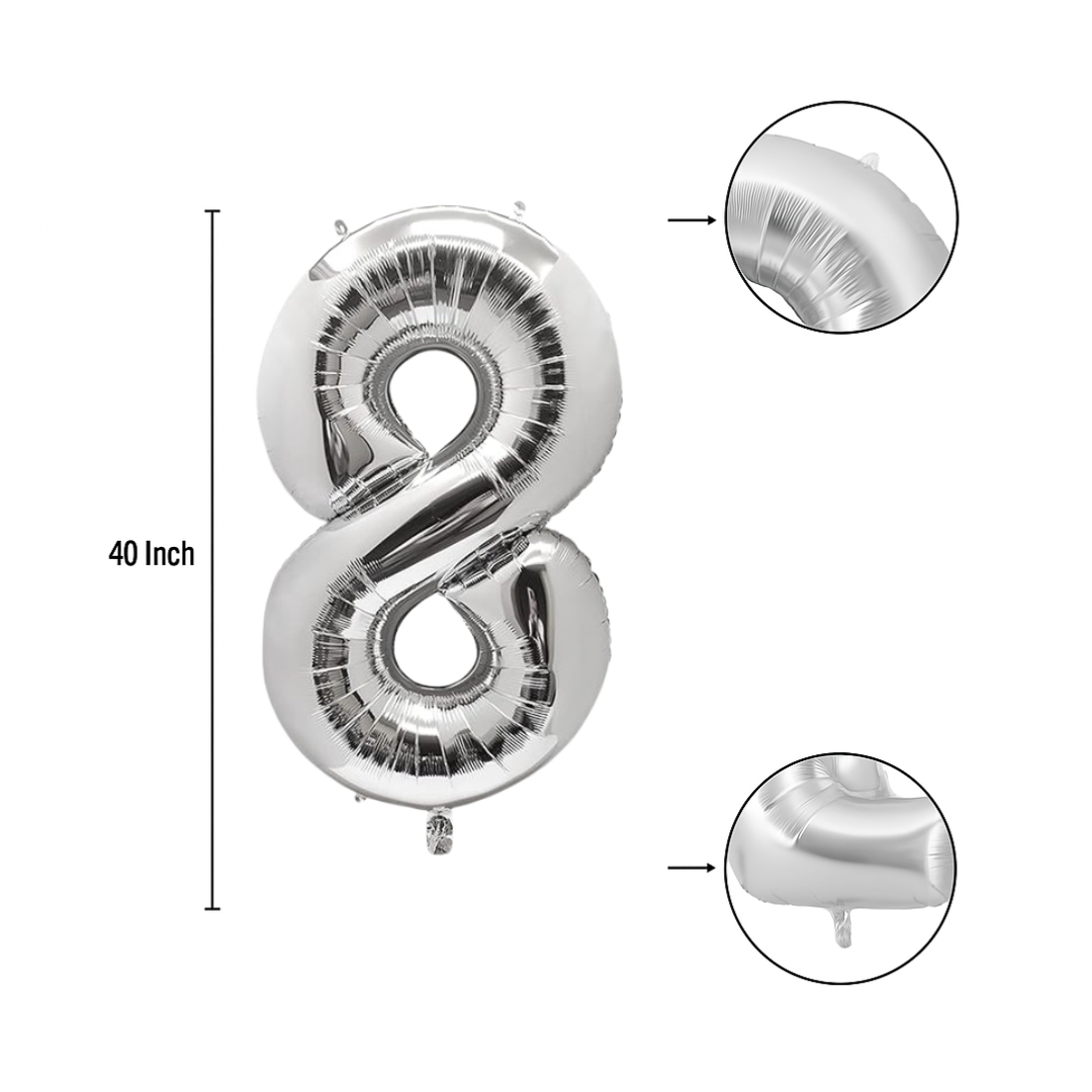 40" Silver Number 8 Balloon – Giant Foil Helium Balloon for 8th Birthday & Party Celebrations