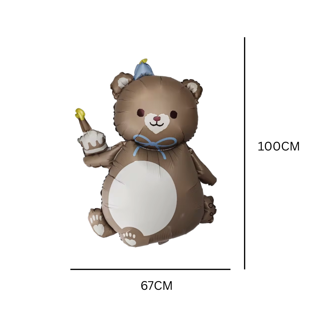 Teddy Bear Foil Balloon Brown | Birthday Party Decoration | Cute 3D Bear with Cake and Hat