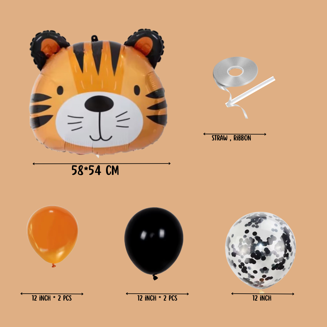 tiger head foil balloon with orange black and confetti balloons