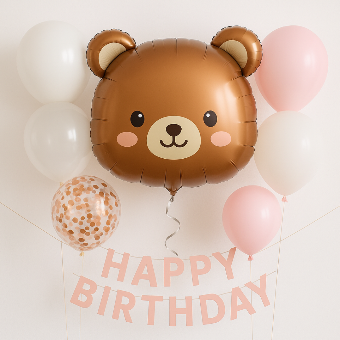 Bear Balloon Birthday Decoration Pack β Brown & Pink Balloons for Baby Shower, Kids Party & First Birthday (UK)
