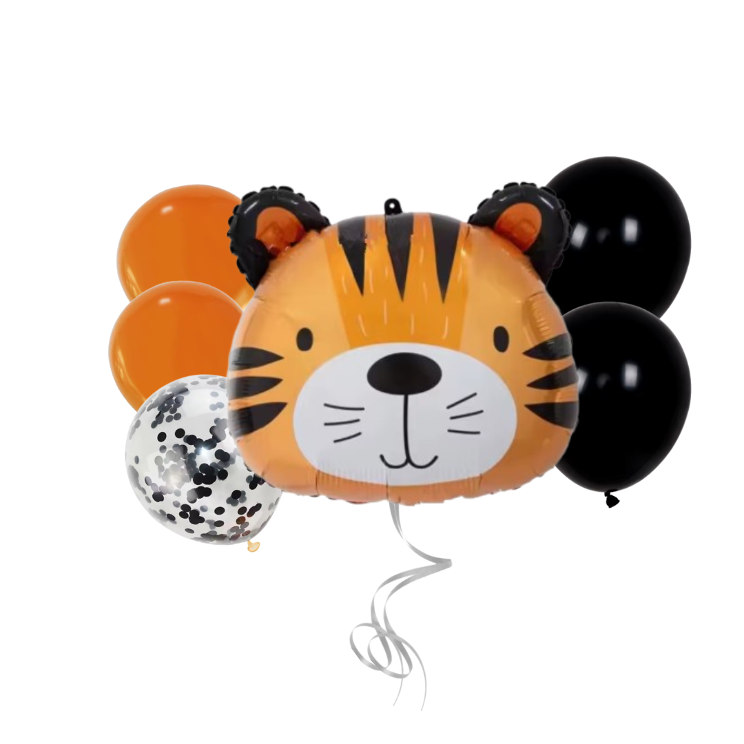 Cute tiger face foil balloon with matching black, orange, and confetti balloons β perfect for panda-themed birthday parties, baby showers, or kidsβ events.