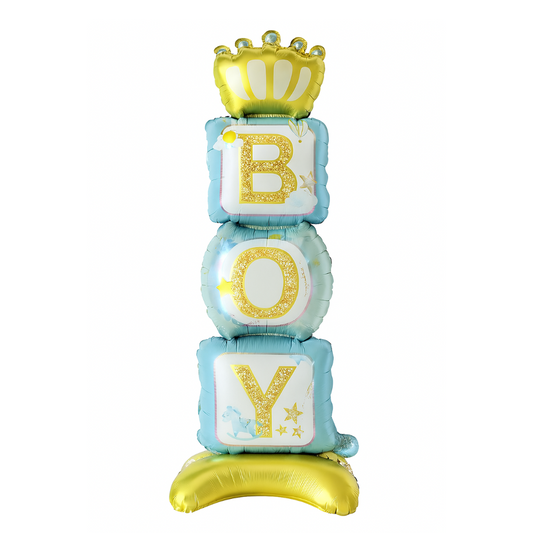 BOY baby shower balloon tower, 108cm foil blocks with gold crown – blue newborn/gender reveal party decoration.