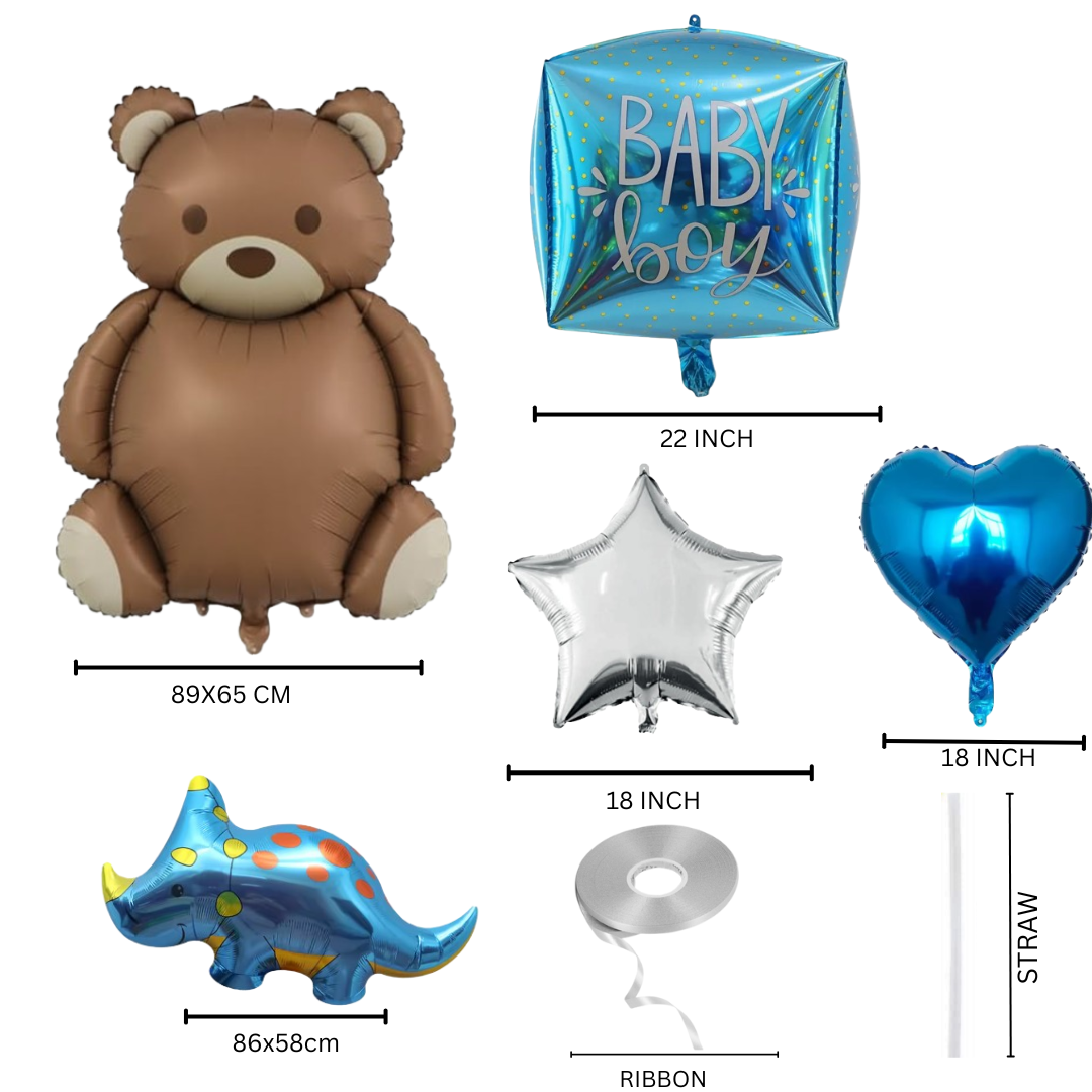 Baby boy celebration balloon set including brown teddy bear, blue dinosaur, blue heart, silver star, and “Baby Boy” foil square balloon — perfect for baby showers or newborn parties