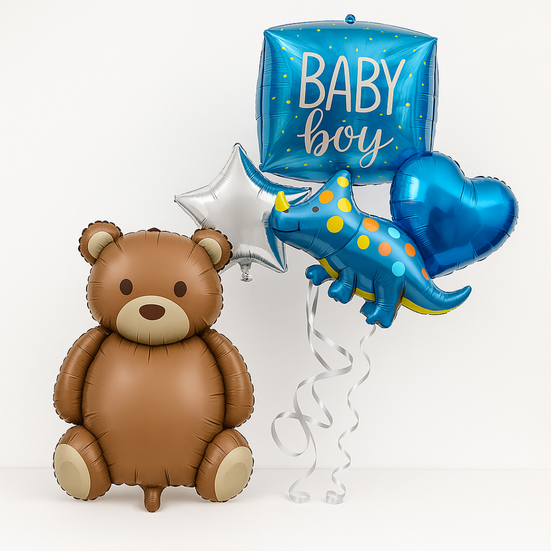 Baby boy celebration balloon set including brown teddy bear, blue dinosaur, blue heart, silver star, and “Baby Boy” foil square balloon — perfect for baby showers or newborn parties