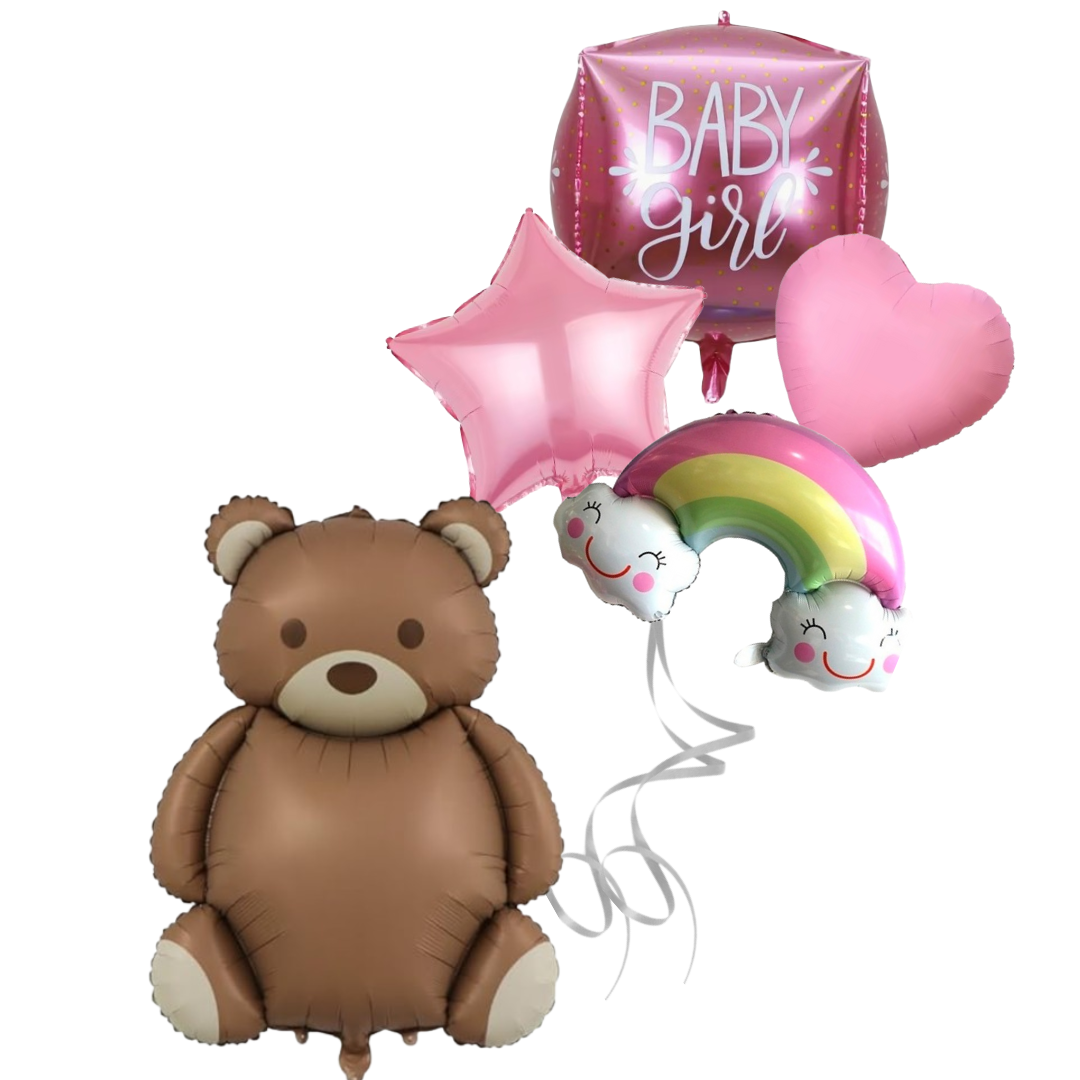 Baby boy celebration balloon set including brown teddy bear, blue dinosaur, blue heart, silver star, and βBaby Boyβ foil square balloon β perfect for baby showers or newborn parties