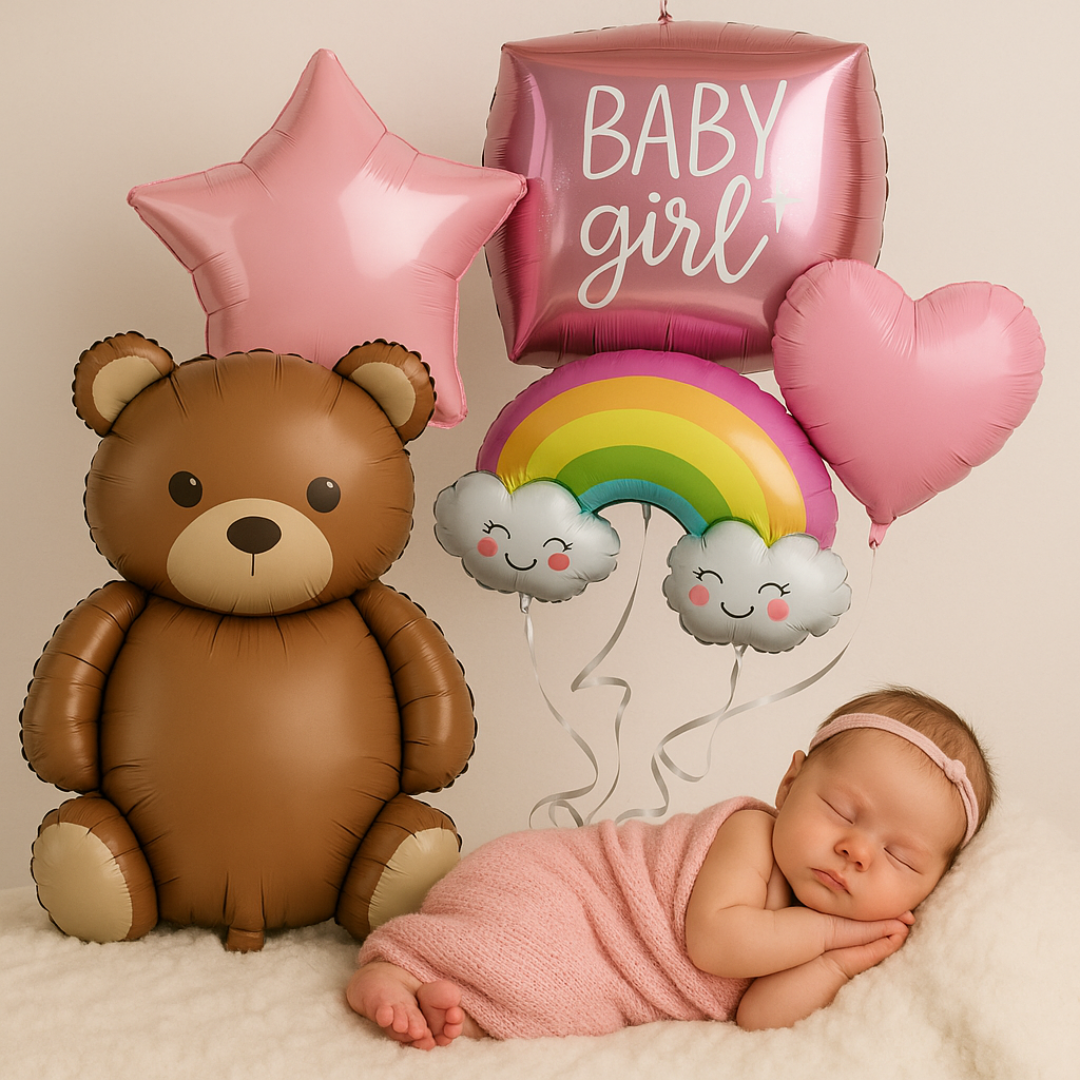 Baby girl celebration setup with large teddy bear balloon, pink star and heart foil balloons, rainbow with smiling clouds, and a newborn baby wrapped in pink β perfect for baby shower or photo backdrop.