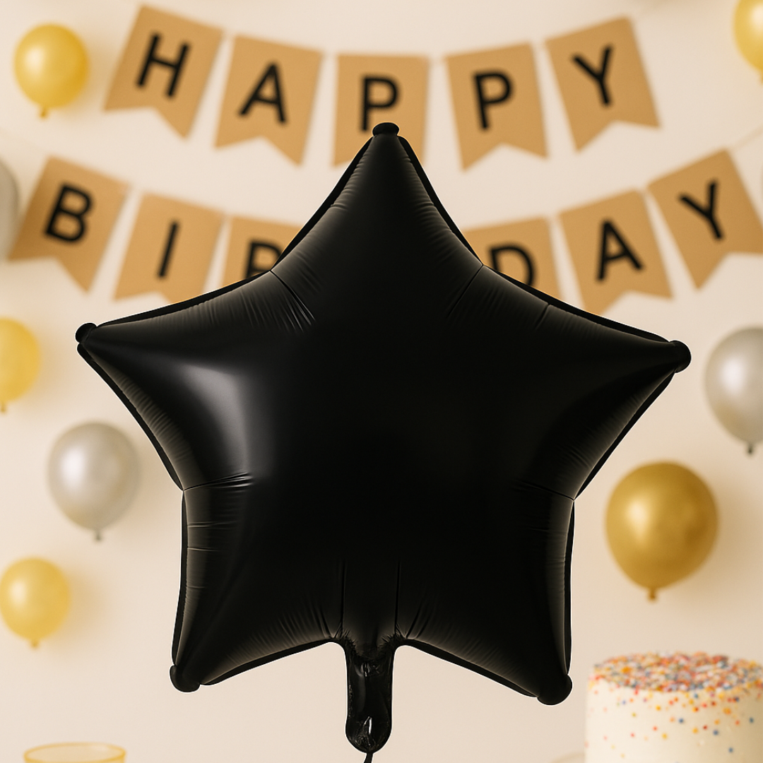 Black Star Foil Balloon – 18" Shiny Black Star-Shaped Helium or Air Balloon for Party and Event Decor