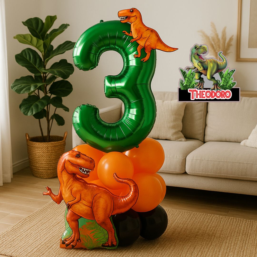 cake topper and balloons dinosaur number