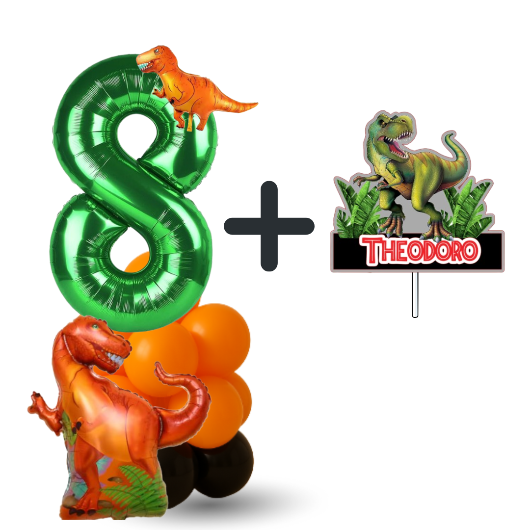 cake topper and balloons dinosaur number 8