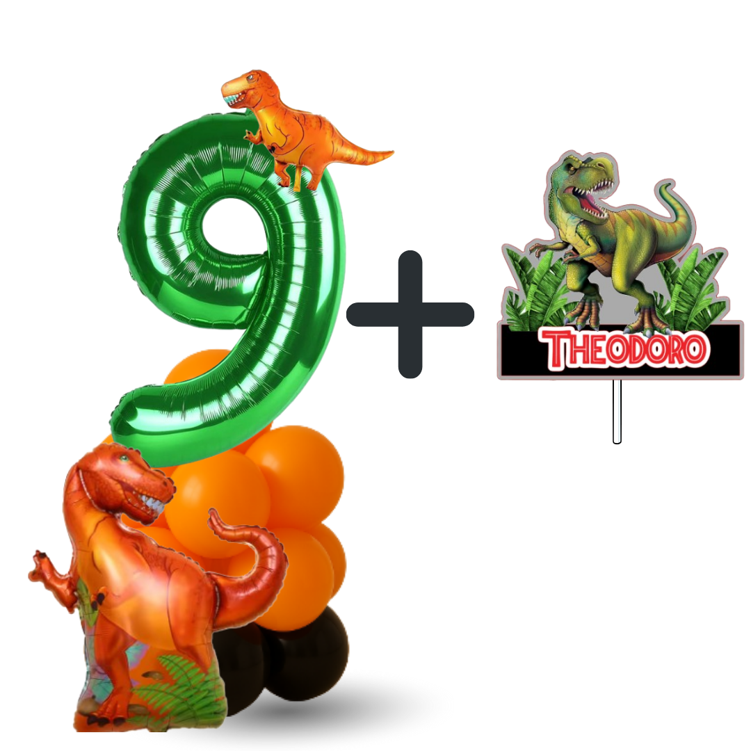 cake topper and balloons dinosaur number 9