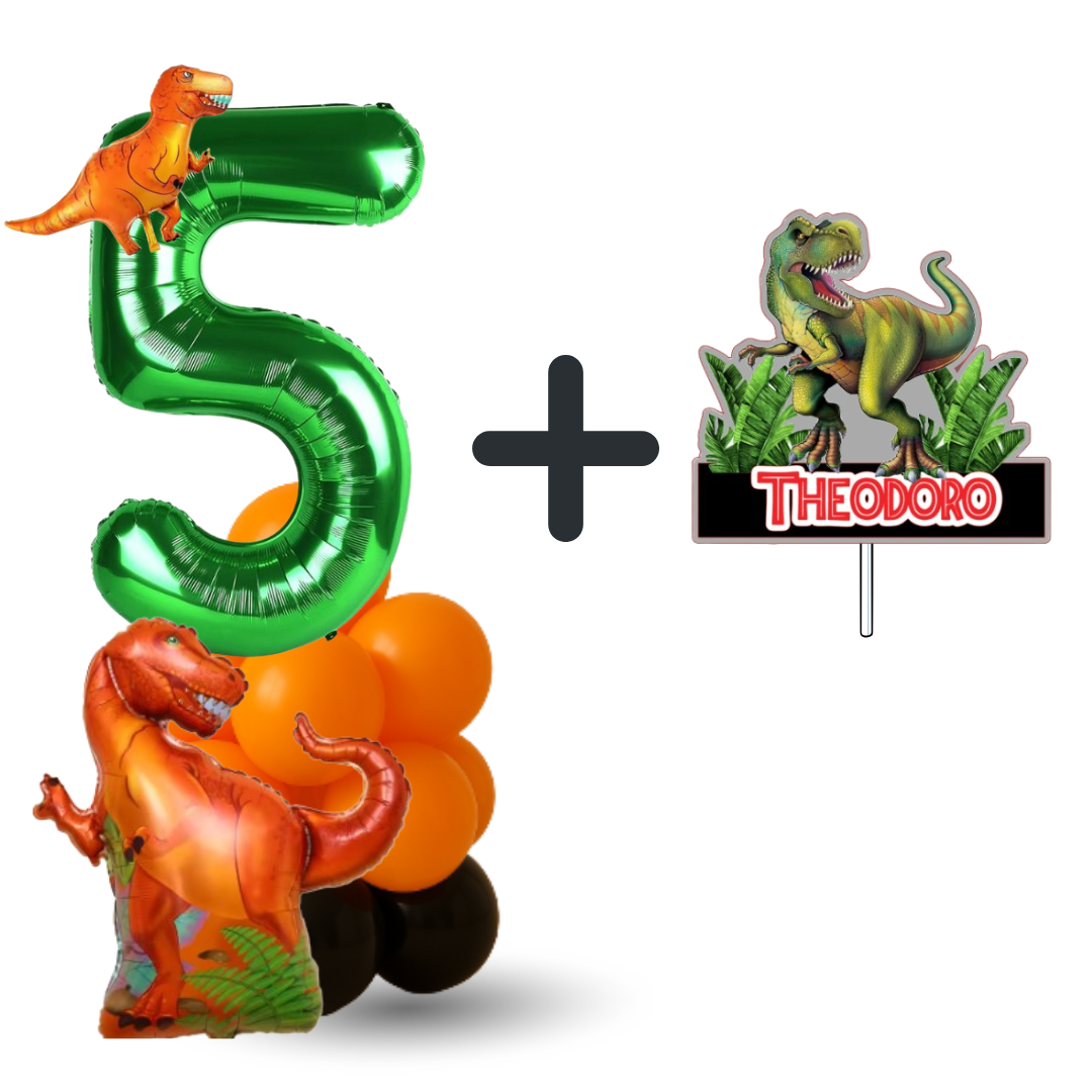 cake topper and balloons dinosaur number5