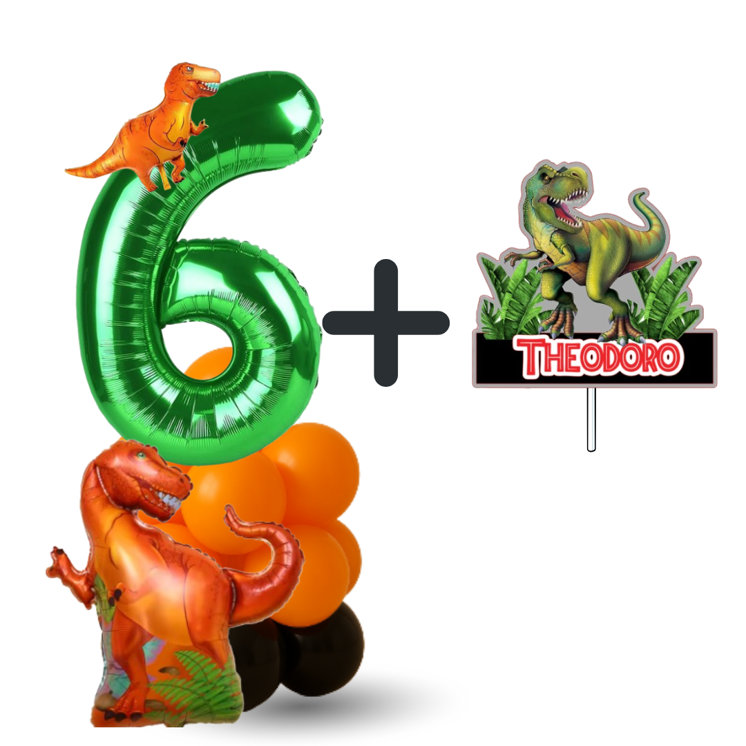 cake topper and balloons dinosaur number 6