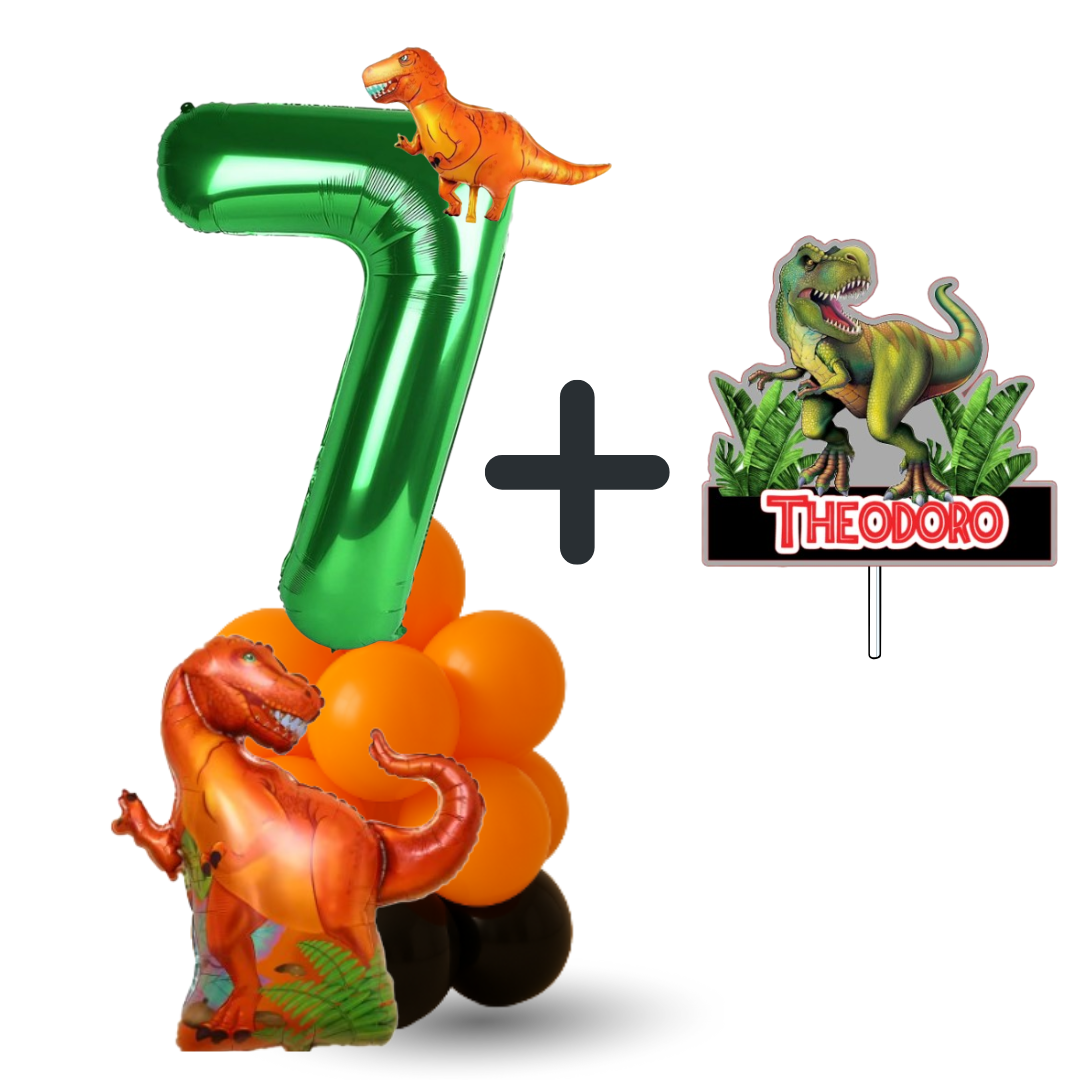 cake topper and balloons dinosaur number 7
