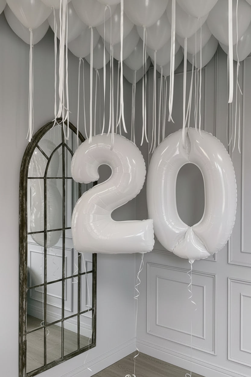 giant white number 0 foil balloon size guide showing seam and valve detail