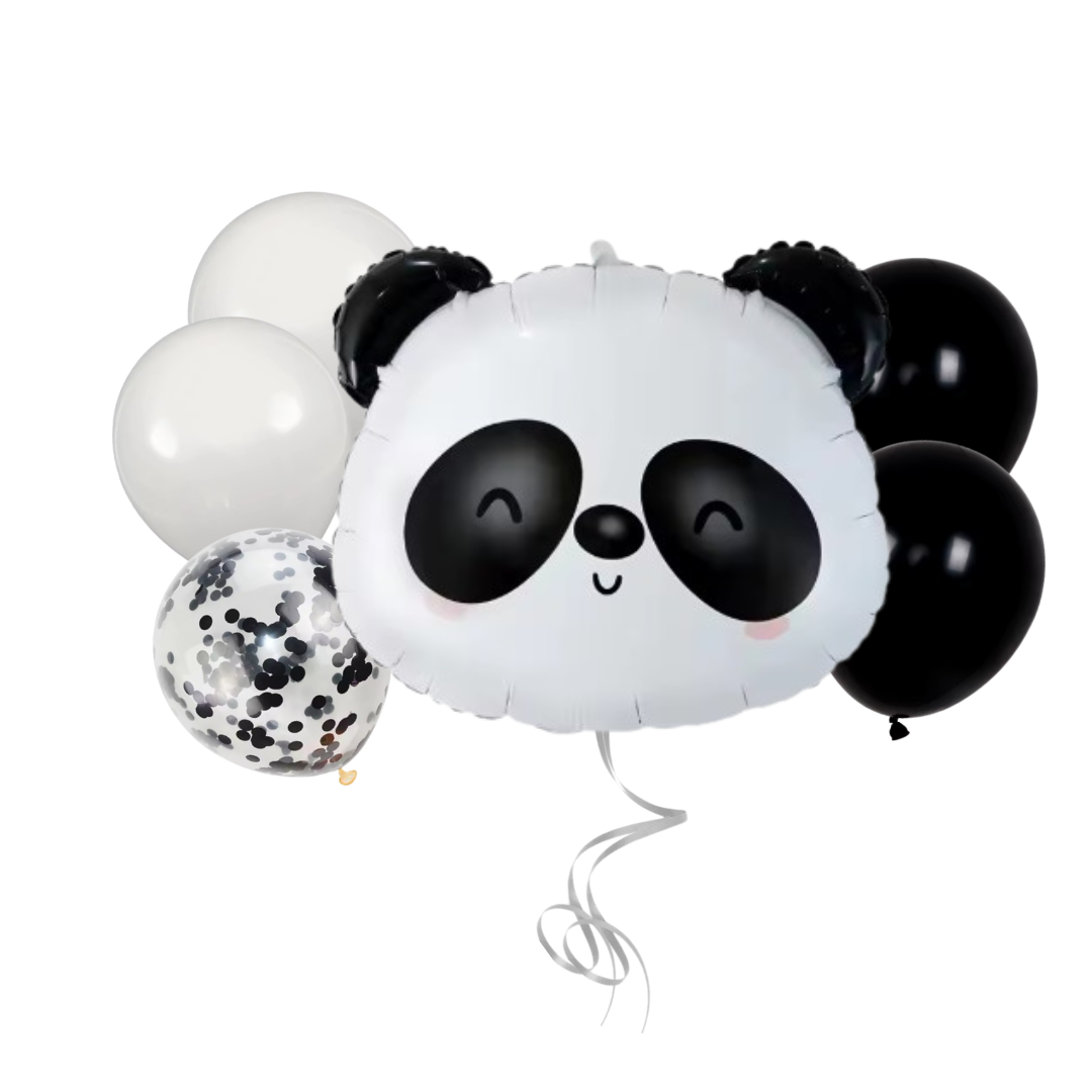 Cute panda face foil balloon with matching black, white, and confetti balloons β perfect for panda-themed birthday parties, baby showers, or kidsβ events.