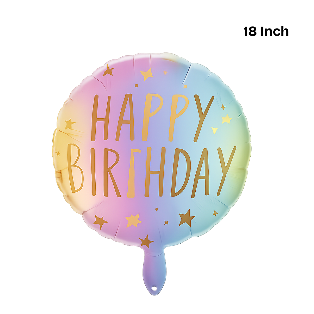 Happy Birthday Balloon β Round Rainbow Foil Balloon with Gold Lettering and Stars