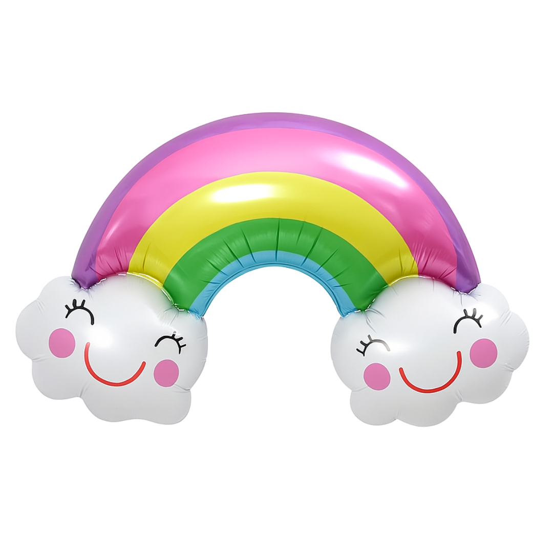 Rainbow Foil Balloon with Smiling Clouds – Large Party Decoration