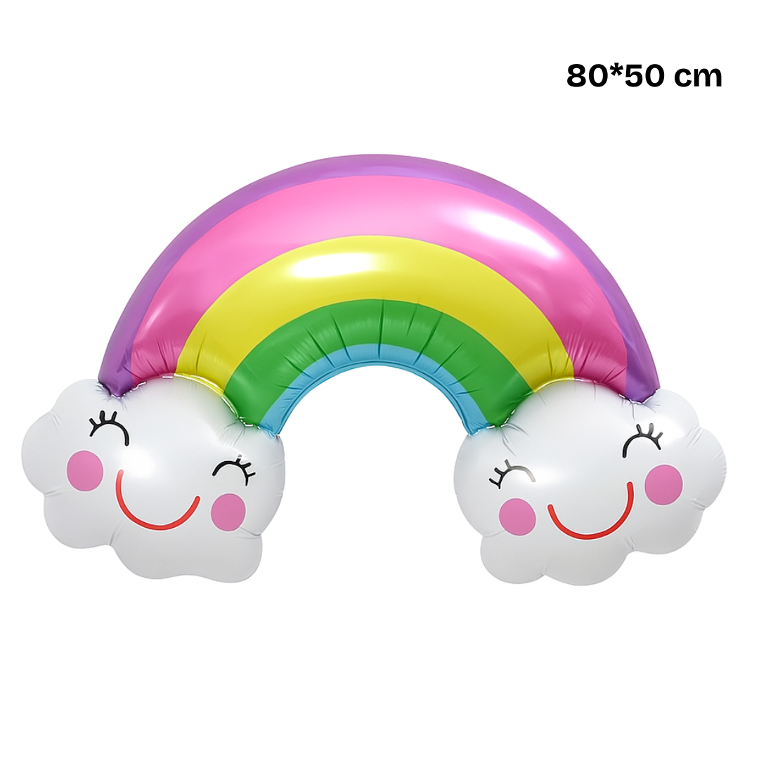 Rainbow Foil Balloon with Smiling Clouds – Large Party Decoration