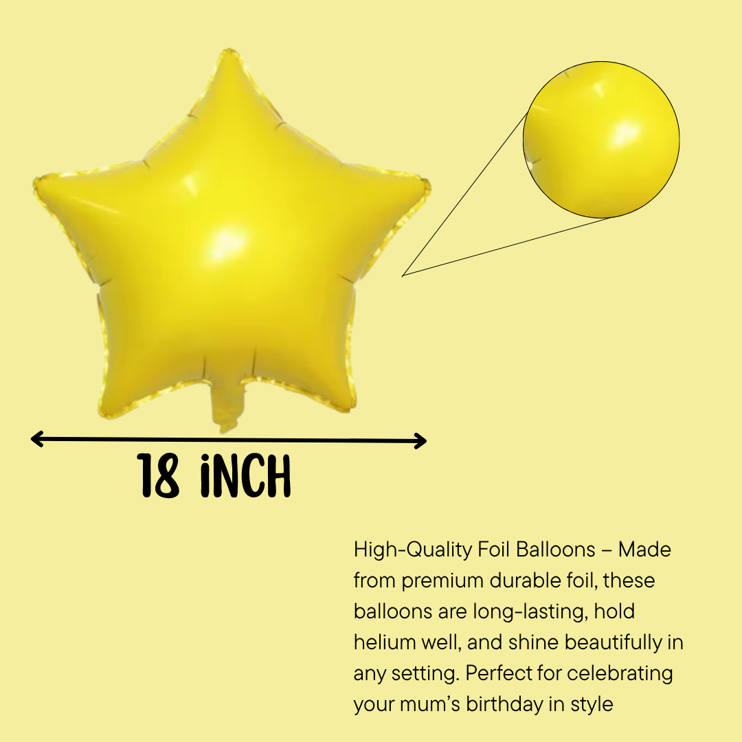 Colourful rainbow foil balloon with two smiling clouds, purple and yellow star balloons, and transparent confetti balloons — perfect for kids’ birthday or baby shower decorations.