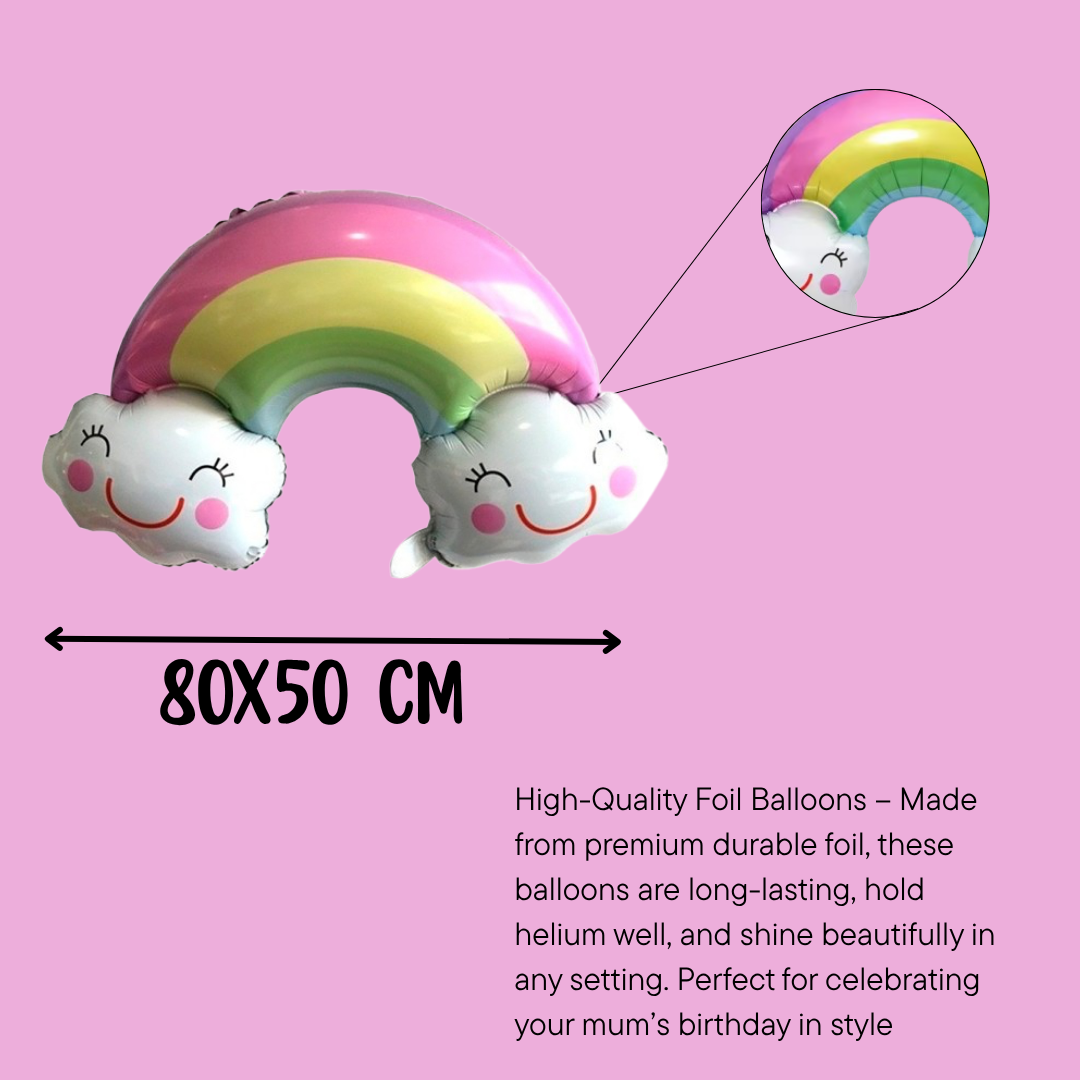 Colourful rainbow foil balloon with two smiling clouds, purple and yellow star balloons, and transparent confetti balloons — perfect for kids’ birthday or baby shower decorations