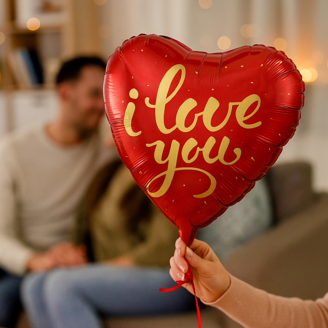 Red heart helium balloon with gold I Love You script – Valentine’s Day