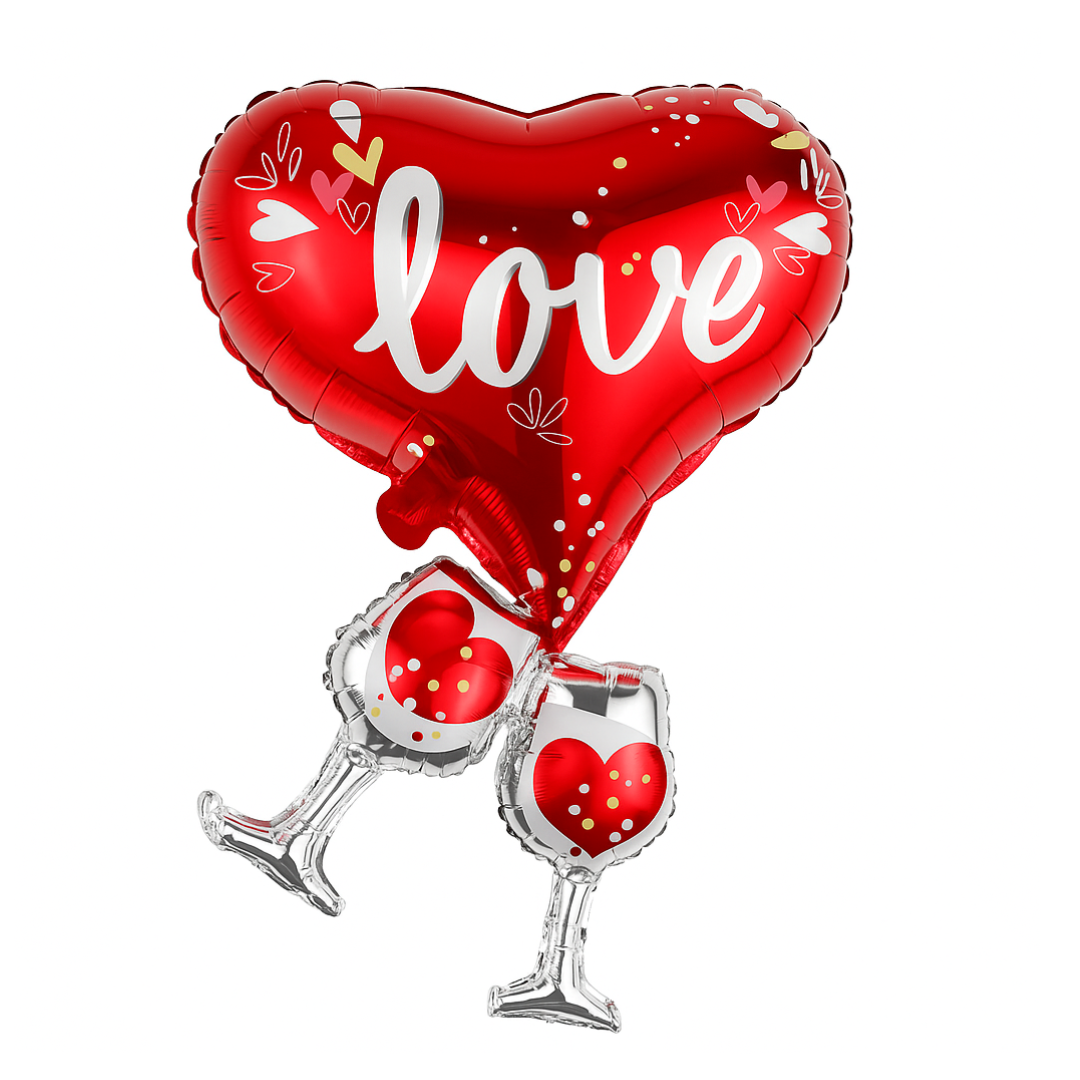 Romantic red heart foil balloon with ‘Love’ text and wine glasses – Valentine’s decoration foil