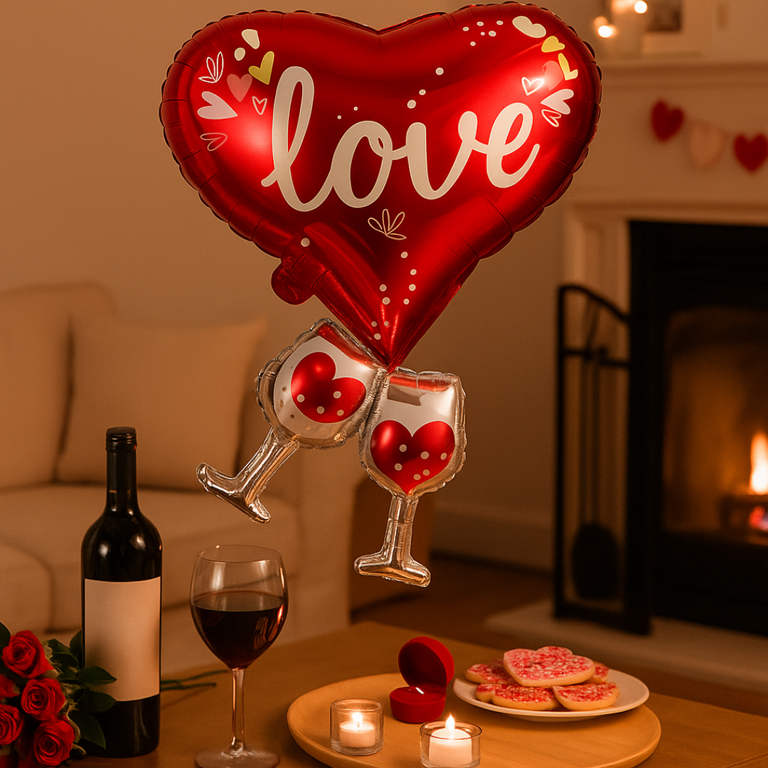 Romantic red heart foil balloon with ‘Love’ text and wine glasses – Valentine’s decoration life style