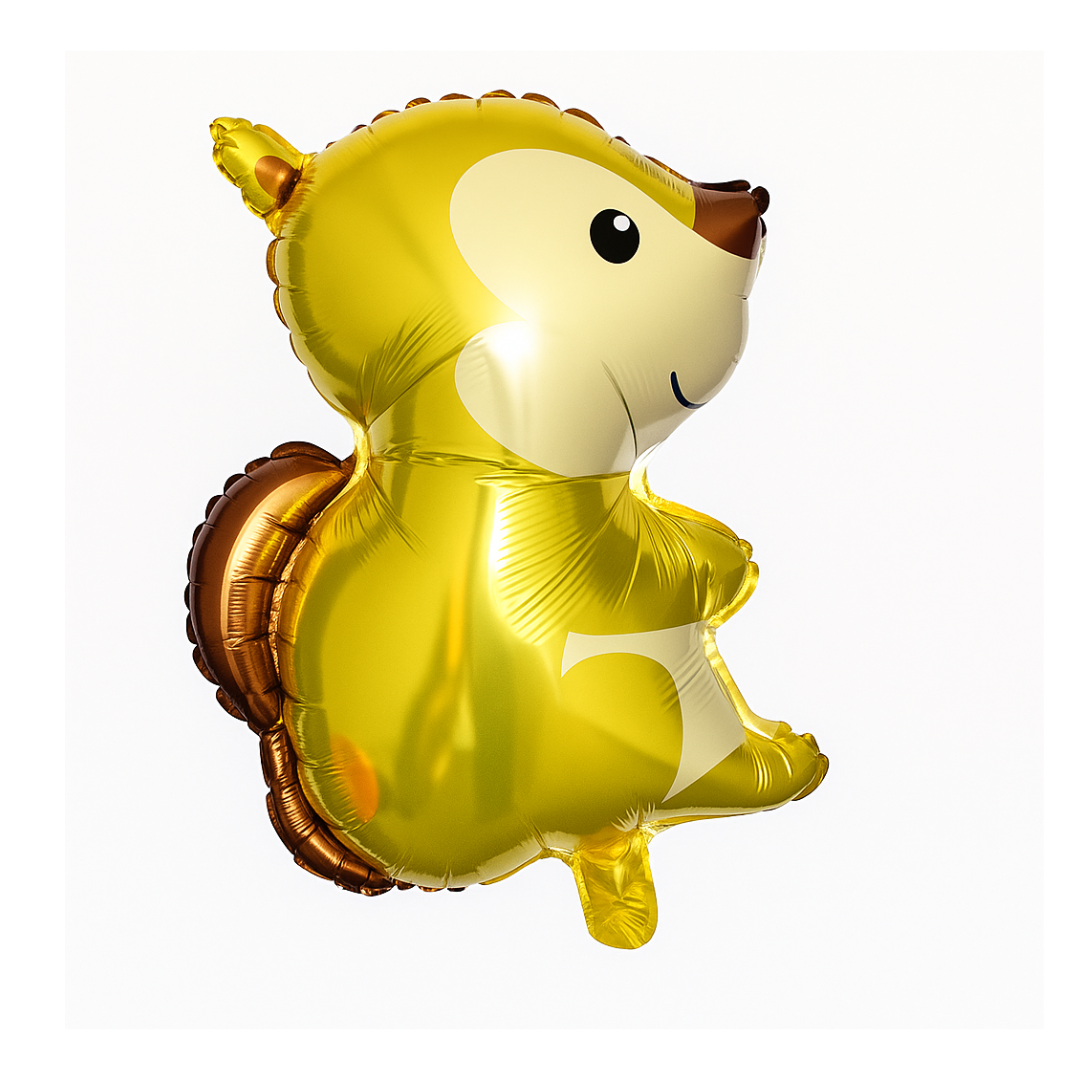 Cute squirrel foil balloon in golden yellow – woodland animal party decoration